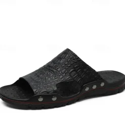 Hot OUKU Men's Casual Brown Slide Sandals with Crocodile Pattern and Durable Rubber Sole – Comfortable Outdoor Footwear for Summer, Beach and Daily Wear