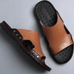 Hot OUKU Men's Casual Brown Slide Sandals with Crocodile Pattern and Durable Rubber Sole – Comfortable Outdoor Footwear for Summer, Beach and Daily Wear