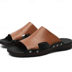 Hot OUKU Men's Casual Brown Slide Sandals with Crocodile Pattern and Durable Rubber Sole – Comfortable Outdoor Footwear for Summer, Beach and Daily Wear