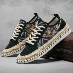 Sale OUKU Men's Casual Canvas Sneakers with Tribal Print and Jute Rope Sole – Comfortable Everyday Footwear