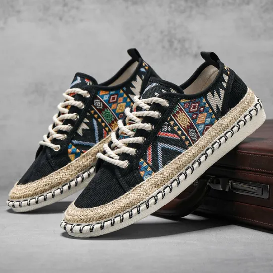 Sale OUKU Men's Casual Canvas Sneakers with Tribal Print and Jute Rope Sole – Comfortable Everyday Footwear