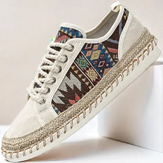 Sale OUKU Men's Casual Canvas Sneakers with Tribal Print and Jute Rope Sole – Comfortable Everyday Footwear