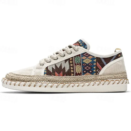 Sale OUKU Men's Casual Canvas Sneakers with Tribal Print and Jute Rope Sole – Comfortable Everyday Footwear