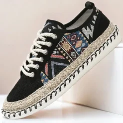 Sale OUKU Men's Casual Canvas Sneakers with Tribal Print and Jute Rope Sole – Comfortable Everyday Footwear