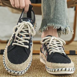 Sale OUKU Men's Casual Canvas Sneakers with Tribal Print and Jute Rope Sole – Comfortable Everyday Footwear