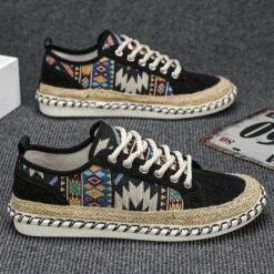 Sale OUKU Men's Casual Canvas Sneakers with Tribal Print and Jute Rope Sole – Comfortable Everyday Footwear