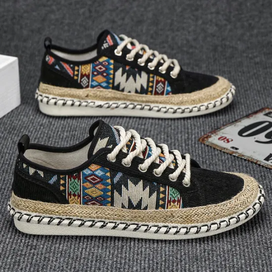 Sale OUKU Men's Casual Canvas Sneakers with Tribal Print and Jute Rope Sole – Comfortable Everyday Footwear