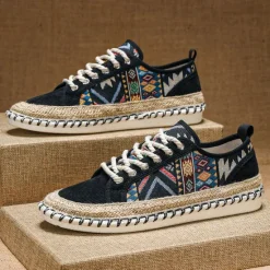 Sale OUKU Men's Casual Canvas Sneakers with Tribal Print and Jute Rope Sole – Comfortable Everyday Footwear