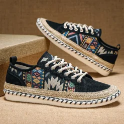 Sale OUKU Men's Casual Canvas Sneakers with Tribal Print and Jute Rope Sole – Comfortable Everyday Footwear
