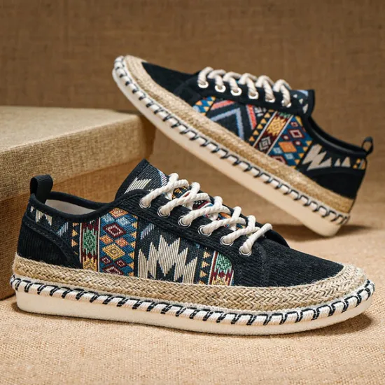 Sale OUKU Men's Casual Canvas Sneakers with Tribal Print and Jute Rope Sole – Comfortable Everyday Footwear