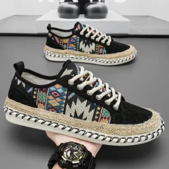 Sale OUKU Men's Casual Canvas Sneakers with Tribal Print and Jute Rope Sole – Comfortable Everyday Footwear