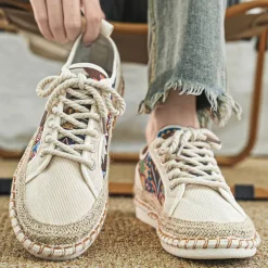 Sale OUKU Men's Casual Canvas Sneakers with Tribal Print and Jute Rope Sole – Comfortable Everyday Footwear