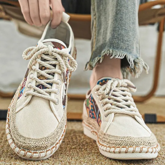Sale OUKU Men's Casual Canvas Sneakers with Tribal Print and Jute Rope Sole – Comfortable Everyday Footwear