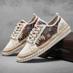 Sale OUKU Men's Casual Canvas Sneakers with Tribal Print and Jute Rope Sole – Comfortable Everyday Footwear