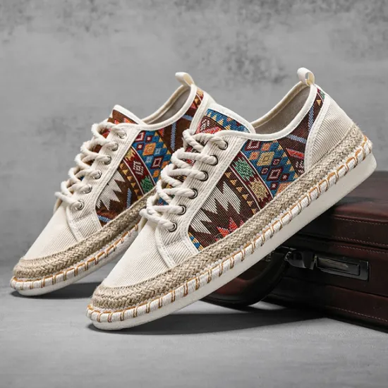 Sale OUKU Men's Casual Canvas Sneakers with Tribal Print and Jute Rope Sole – Comfortable Everyday Footwear