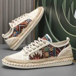 Sale OUKU Men's Casual Canvas Sneakers with Tribal Print and Jute Rope Sole – Comfortable Everyday Footwear