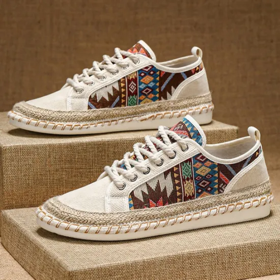 Sale OUKU Men's Casual Canvas Sneakers with Tribal Print and Jute Rope Sole – Comfortable Everyday Footwear