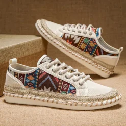 Sale OUKU Men's Casual Canvas Sneakers with Tribal Print and Jute Rope Sole – Comfortable Everyday Footwear