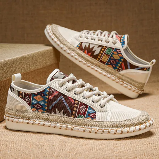 Sale OUKU Men's Casual Canvas Sneakers with Tribal Print and Jute Rope Sole – Comfortable Everyday Footwear