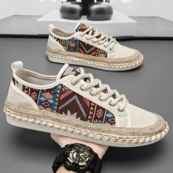 Sale OUKU Men's Casual Canvas Sneakers with Tribal Print and Jute Rope Sole – Comfortable Everyday Footwear