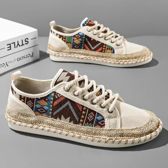 Sale OUKU Men's Casual Canvas Sneakers with Tribal Print and Jute Rope Sole – Comfortable Everyday Footwear