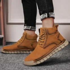 Sale OUKU Men's Casual Faux Leather Ankle Boots - Lightweight Brown Lace-Up with Durable Flexible Sole for Outdoor and Everyday Wear