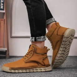 Sale OUKU Men's Casual Faux Leather Ankle Boots - Lightweight Brown Lace-Up with Durable Flexible Sole for Outdoor and Everyday Wear