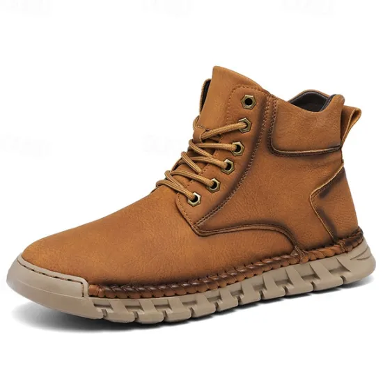 Sale OUKU Men's Casual Faux Leather Ankle Boots - Lightweight Brown Lace-Up with Durable Flexible Sole for Outdoor and Everyday Wear