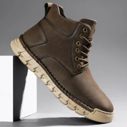 Sale OUKU Men's Casual Faux Leather Ankle Boots - Lightweight Brown Lace-Up with Durable Flexible Sole for Outdoor and Everyday Wear