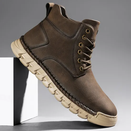 Sale OUKU Men's Casual Faux Leather Ankle Boots - Lightweight Brown Lace-Up with Durable Flexible Sole for Outdoor and Everyday Wear