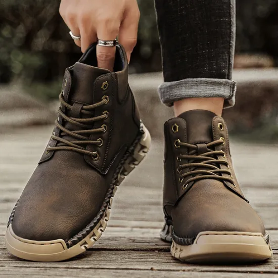 Sale OUKU Men's Casual Faux Leather Ankle Boots - Lightweight Brown Lace-Up with Durable Flexible Sole for Outdoor and Everyday Wear