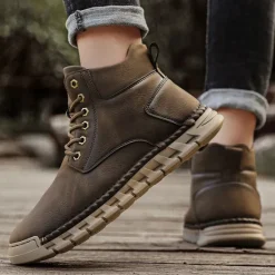 Sale OUKU Men's Casual Faux Leather Ankle Boots - Lightweight Brown Lace-Up with Durable Flexible Sole for Outdoor and Everyday Wear