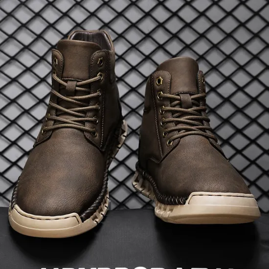 Sale OUKU Men's Casual Faux Leather Ankle Boots - Lightweight Brown Lace-Up with Durable Flexible Sole for Outdoor and Everyday Wear