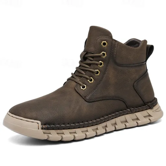 Sale OUKU Men's Casual Faux Leather Ankle Boots - Lightweight Brown Lace-Up with Durable Flexible Sole for Outdoor and Everyday Wear