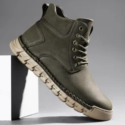 Sale OUKU Men's Casual Faux Leather Ankle Boots - Lightweight Brown Lace-Up with Durable Flexible Sole for Outdoor and Everyday Wear