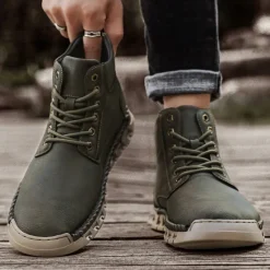 Sale OUKU Men's Casual Faux Leather Ankle Boots - Lightweight Brown Lace-Up with Durable Flexible Sole for Outdoor and Everyday Wear