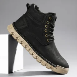 Sale OUKU Men's Casual Faux Leather Ankle Boots - Lightweight Brown Lace-Up with Durable Flexible Sole for Outdoor and Everyday Wear