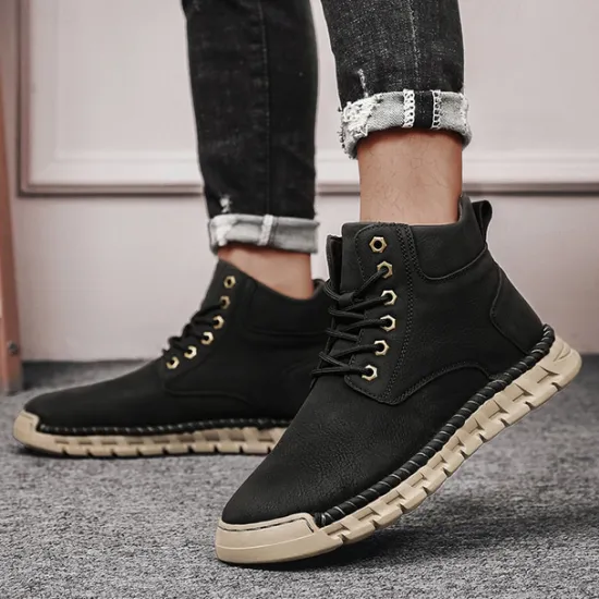 Sale OUKU Men's Casual Faux Leather Ankle Boots - Lightweight Brown Lace-Up with Durable Flexible Sole for Outdoor and Everyday Wear