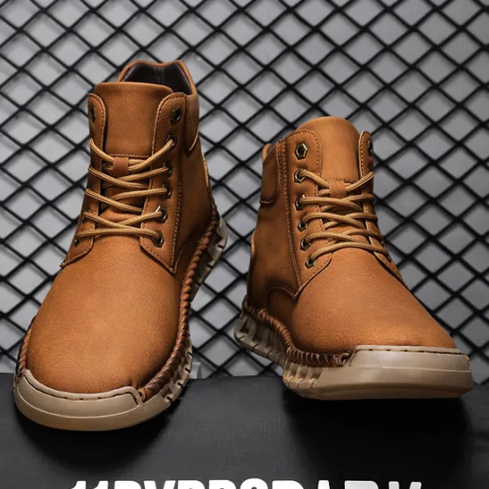 Sale OUKU Men's Casual Faux Leather Ankle Boots - Lightweight Brown Lace-Up with Durable Flexible Sole for Outdoor and Everyday Wear