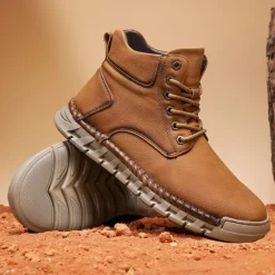 Sale OUKU Men's Casual Faux Leather Ankle Boots - Lightweight Brown Lace-Up with Durable Flexible Sole for Outdoor and Everyday Wear