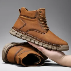 Sale OUKU Men's Casual Faux Leather Ankle Boots - Lightweight Brown Lace-Up with Durable Flexible Sole for Outdoor and Everyday Wear