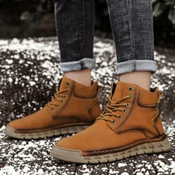 Sale OUKU Men's Casual Faux Leather Ankle Boots - Lightweight Brown Lace-Up with Durable Flexible Sole for Outdoor and Everyday Wear