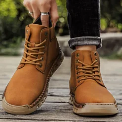 Sale OUKU Men's Casual Faux Leather Ankle Boots - Lightweight Brown Lace-Up with Durable Flexible Sole for Outdoor and Everyday Wear