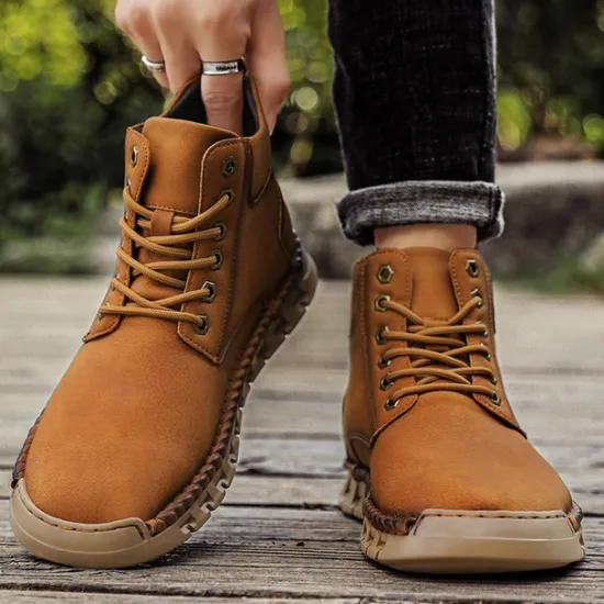 Sale OUKU Men's Casual Faux Leather Ankle Boots - Lightweight Brown Lace-Up with Durable Flexible Sole for Outdoor and Everyday Wear