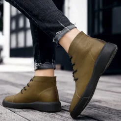 Online OUKU Men's Casual Faux Leather Ankle Boots with Lace-Up Design, Comfortable Non-Slip Sole, Perfect for Everyday Wear and Outdoor Activities