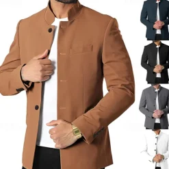 Hot OUKU Men's Casual Jacket Blazer Daily Vacation Warm Pocket Fall & Winter Plain Vintage Fashion Standing Collar Regular Black White Wine Navy Blue Jacket