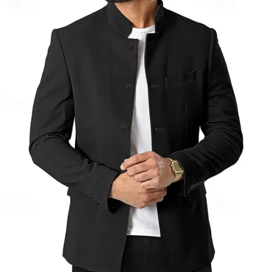 Hot OUKU Men's Casual Jacket Blazer Daily Vacation Warm Pocket Fall & Winter Plain Vintage Fashion Standing Collar Regular Black White Wine Navy Blue Jacket