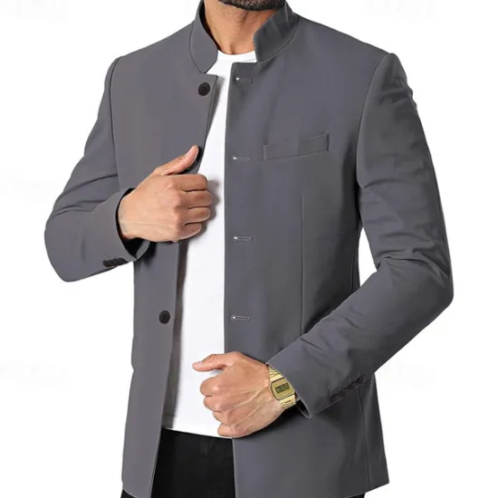 Hot OUKU Men's Casual Jacket Blazer Daily Vacation Warm Pocket Fall & Winter Plain Vintage Fashion Standing Collar Regular Black White Wine Navy Blue Jacket