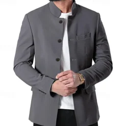 Hot OUKU Men's Casual Jacket Blazer Daily Vacation Warm Pocket Fall & Winter Plain Vintage Fashion Standing Collar Regular Black White Wine Navy Blue Jacket