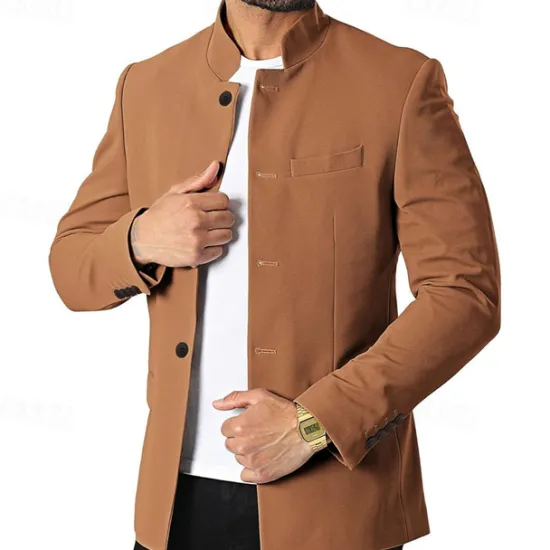 Hot OUKU Men's Casual Jacket Blazer Daily Vacation Warm Pocket Fall & Winter Plain Vintage Fashion Standing Collar Regular Black White Wine Navy Blue Jacket
